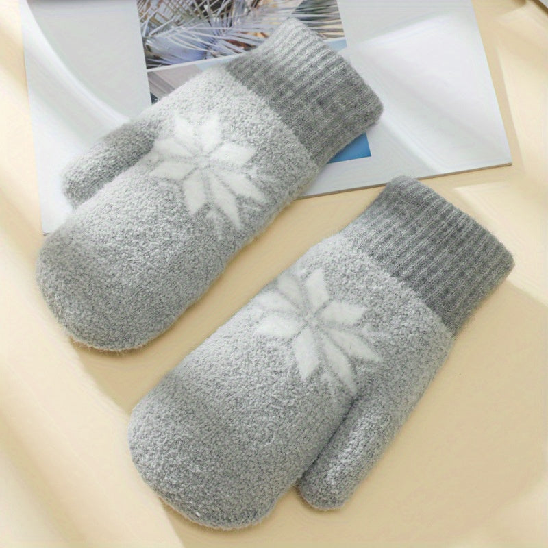 1 Pair Cashmere-Blend Knitted Mittens - Soft Beige Snowflake Design Winter Gloves, Thick Warm & Windproof for Outdoor Use, Hand Wash or Dry Clean, Winter Clothes